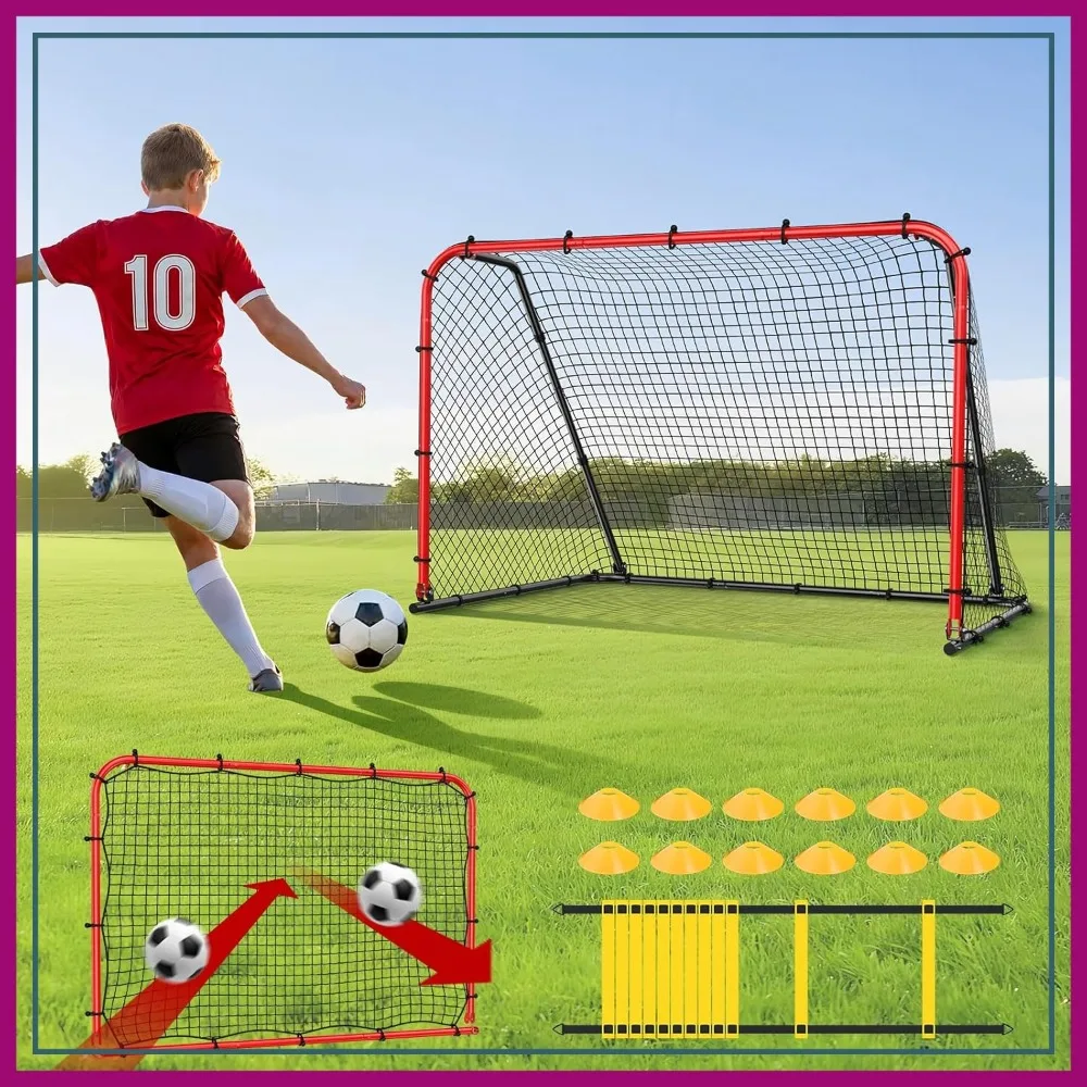 

6x4 FT Soccer Goal for Backyard, 2-in-1 Metal Goal with Adjustable Rebounder Net, Heavy-Duty Steel Frame, Includes Agility Ladder & Cones, Training Equipment
