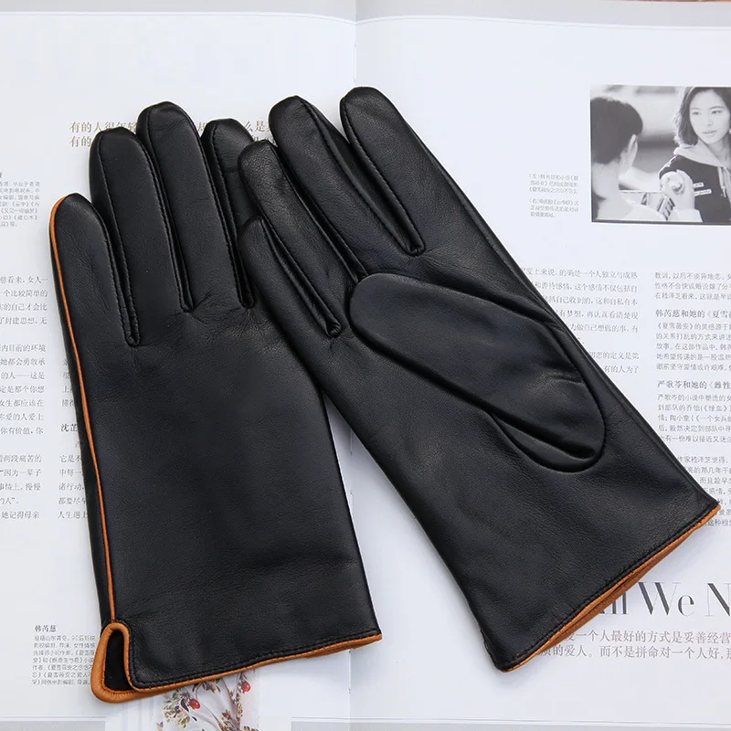 Real Leather Men Gloves Autumn Winter Plus Velvet Thicken Fashion Black Sheepskin Driving Gloves Male DQ1916