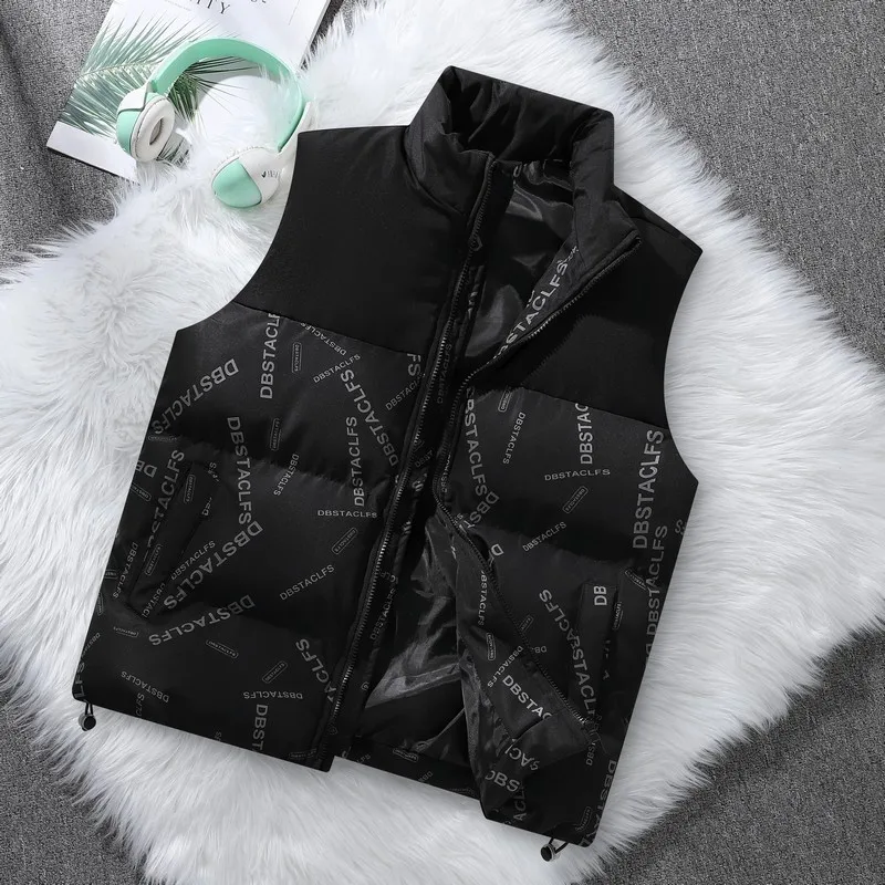 

Autumn Winter Men's Turtleneck Solid Letter Printing Zipper Pocket Sleeveless Vest Cardigan Coats Loose Fashion Casual Tops