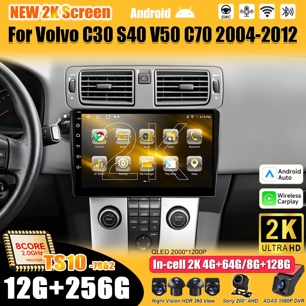 Android 16 For Volvo C30 S40 V50 C70 2004-2012 Car Radio Stereo Head Unit Multimedia Video Player GPS Navigation 2K QLED 9 Inch
