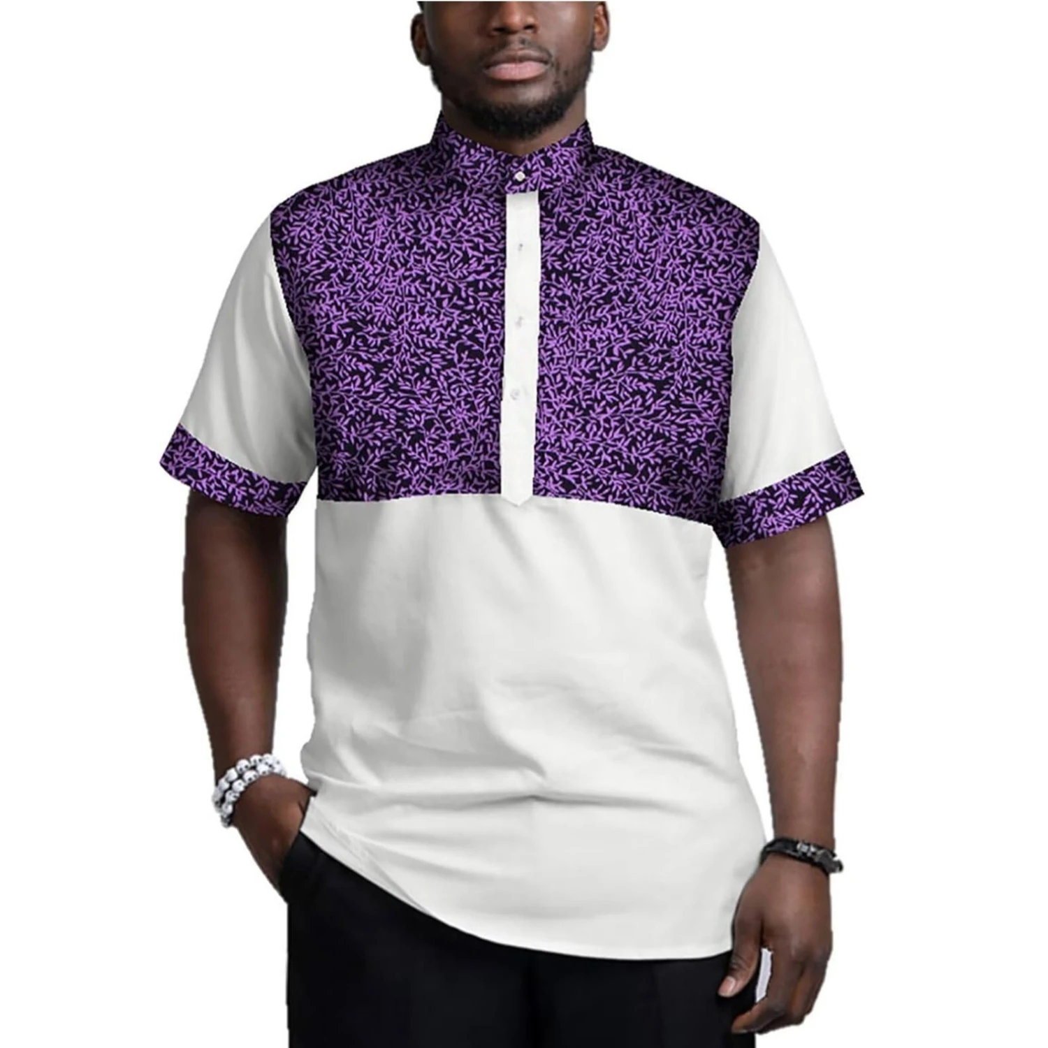 الرجال الأفريقي قميص التقليدية طباعة القبلية نمط ايوسل المرقعة تصميم قصيرة الأكمام الوقوف طوق زر أسفل قميص WYN781