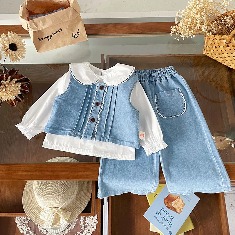

Girls Clothes Sets New Fashion Children Girl Denim Jeans Vest and Wide Leg Pants Clothes Suit Kids Toddler Girl Clothing 1-6y