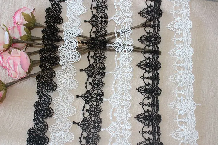 Polyester Lace Fabric with Floral Embroidered, Fringe Ribbons, Collar Trim, Curtains Dress, Guipure, DIY Sewing Decor, Black Whi