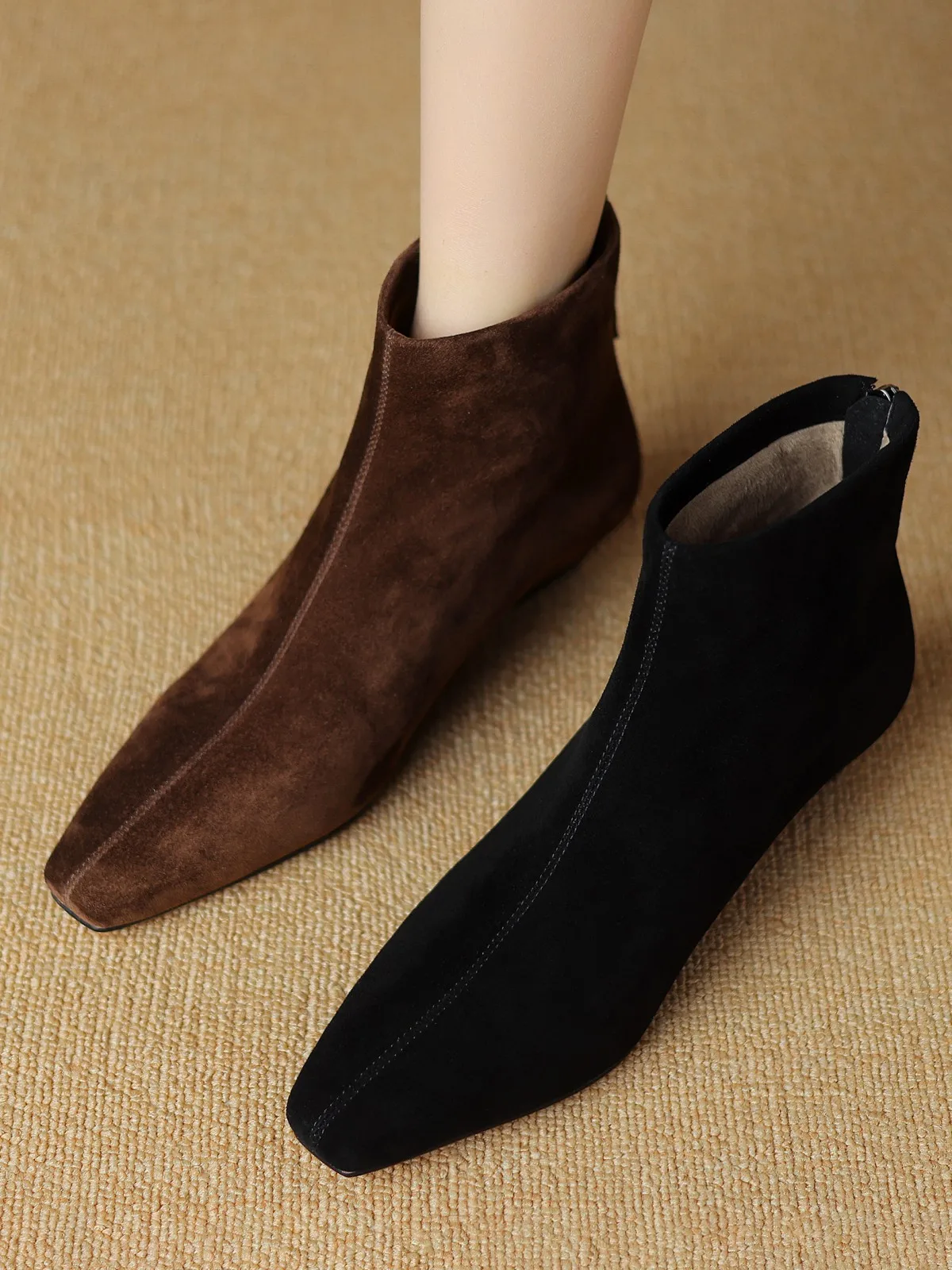 Plus rozmiar 34-42 damskie naturalny zamsz skórzany tył jesienne buty do kostek z kwadratowym noskiem casualowe damskie wysokiej jakości krótki but — zdjęcie 2