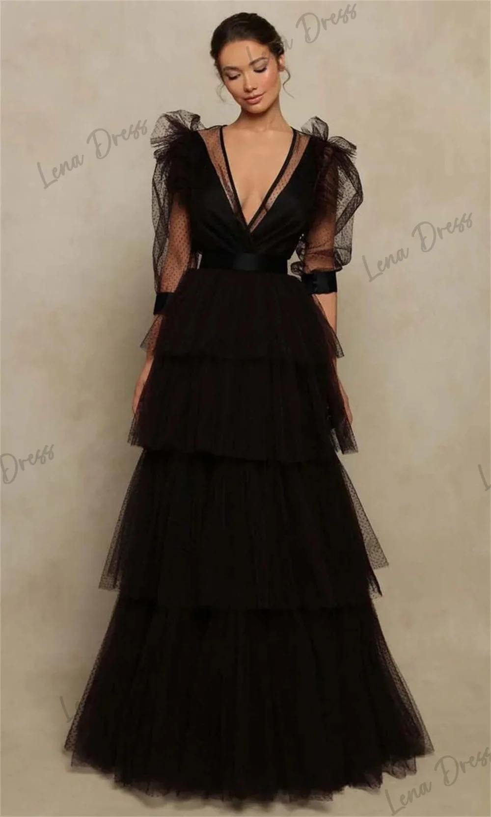 Lena-Mysterious Ball Dress 2024 V-neck Multi layer Bubble Sleeve Black Evening Dress Robe De Soiree