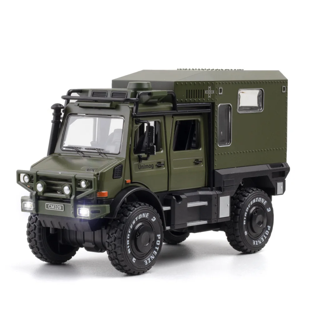 

1:28 UNIMOG RV Model Toy Mini Cars Alloy Diecast Off-road Vehicles Sound Light Doors Opened Pull Back Ornament Boys Gifts