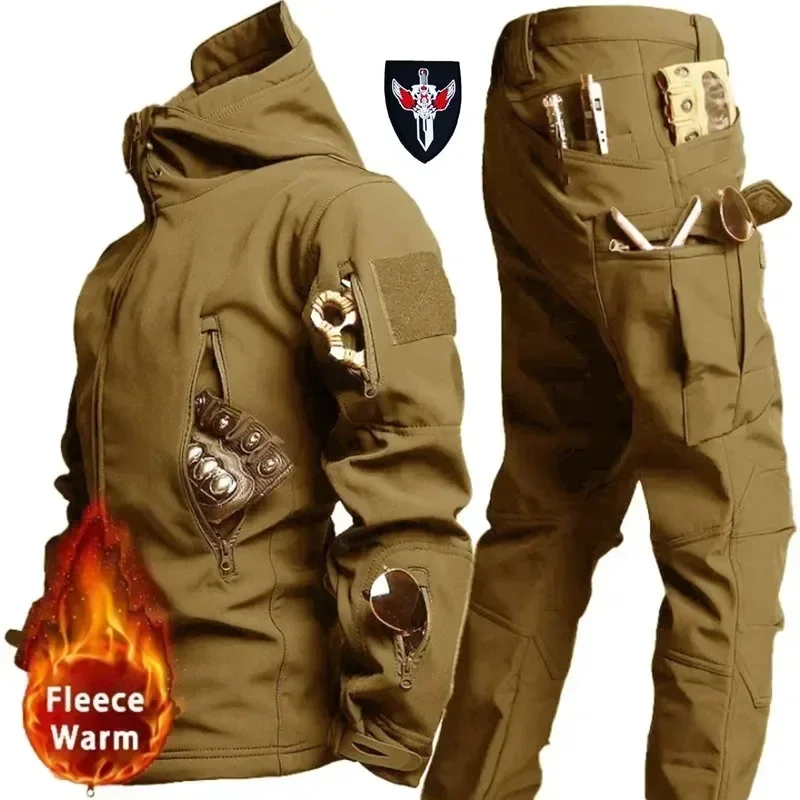 2024 Men's Outdoor New Soft Shell Waterproof and Cut Resistant Thick Wool Fleece Multi Pocket Tactical Set