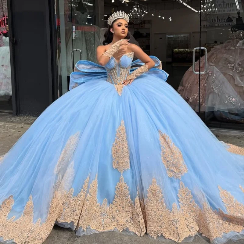 

Небесно-голубое платье Quinceanera по индивидуальному заказу с открытыми плечами и аппликацией из блесток, длинный хвост, большой бант, Vestido 15, Quinceanera