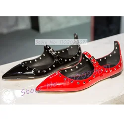 Pointy Toe Patent Leather Flat Sandals Women Trendy Metal Loops Trim Shoes Female Front Buckle Strap Nude Studded Chic Sandals