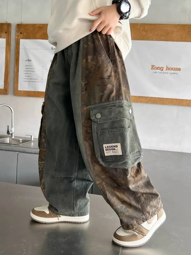 2025 New Autumn Wide Leg Cargo Pants Children's Loose Fall Trousers, Cool Trendy Street Style