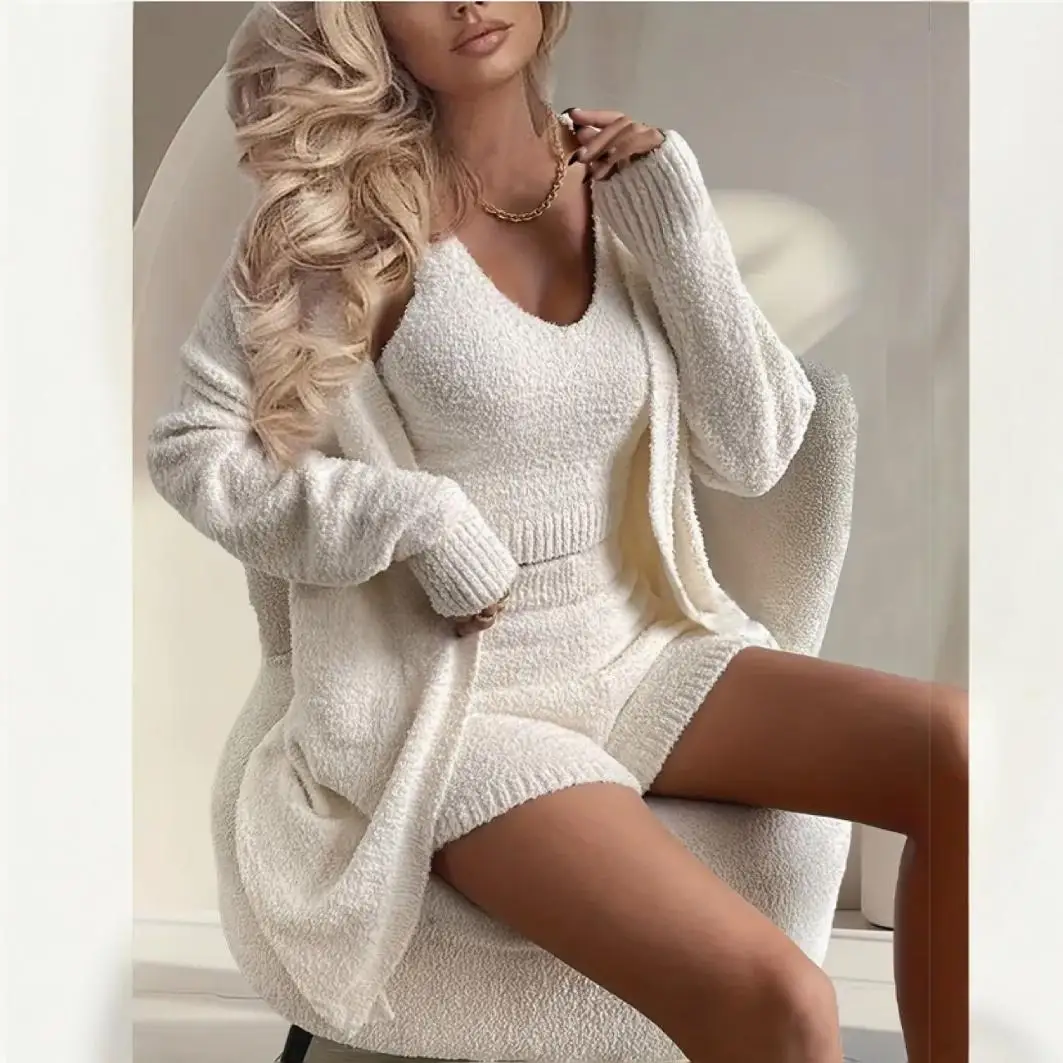 Fur Long Jackets 3 Piece Pant Set Outfits Women Winter Furry Coats Crop Tops Shorts Elegant Casual Luxury Sexy Two Piece Sets