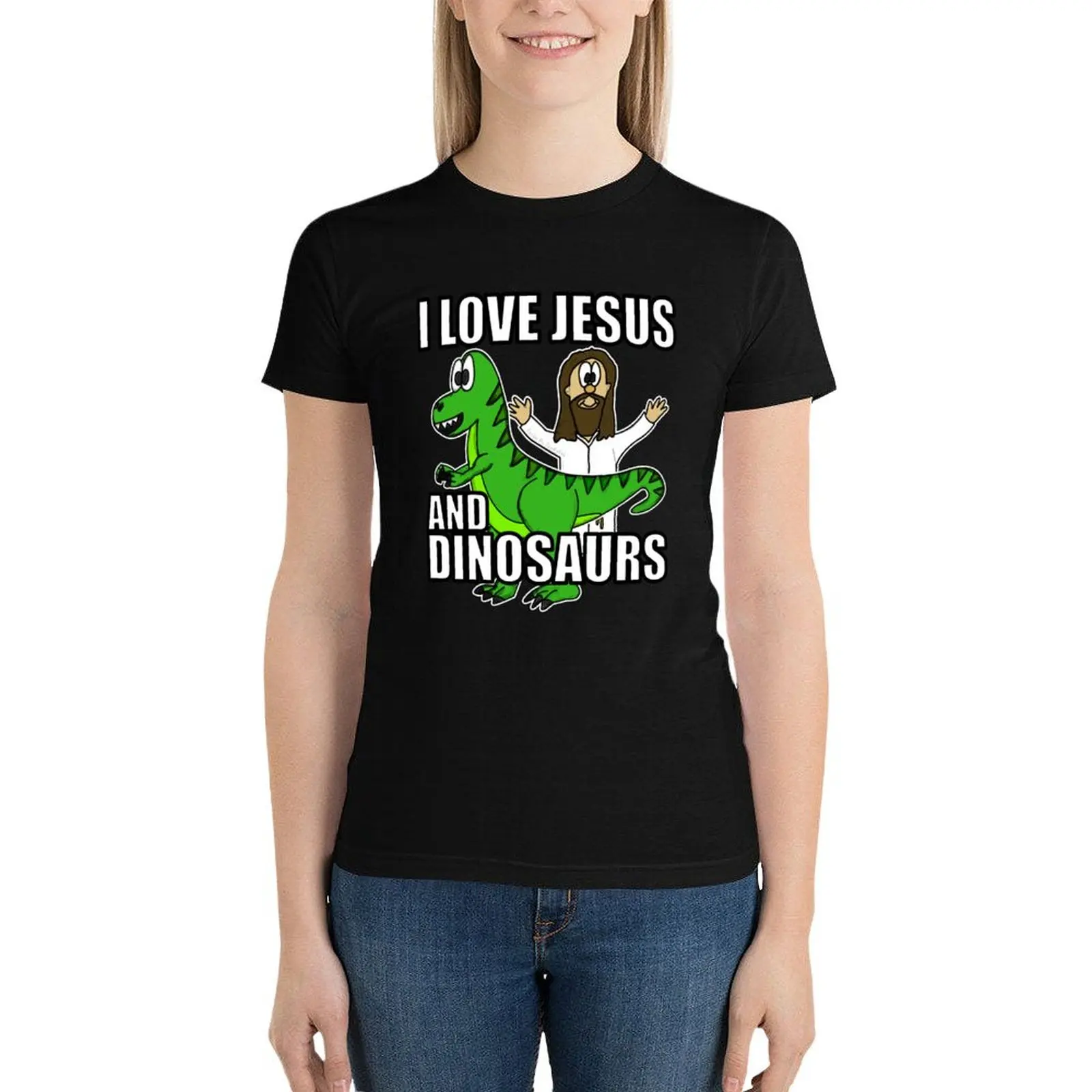 

I Love Jesus And Dinosaurs Funny Christian Humor T-Shirt summer top oversized Women tops