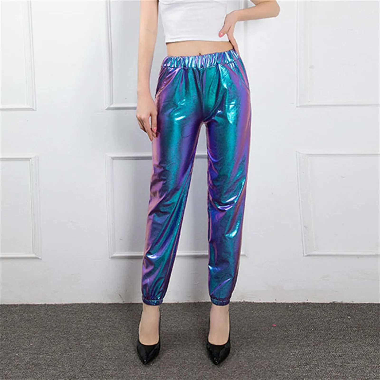 

Женские однотонные блестящие глянцевые спортивные штаны со средней талией, брюки девять минут, модные брюки в стиле хип-хоп, дискотека