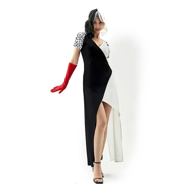 Cruella De Vil 101 فستان المهرج الدلماسية عباءة الهالوين زي للمرأة الكبار مثير الساحرة تأثيري أنيمي مهرجان حفلة تنكرية