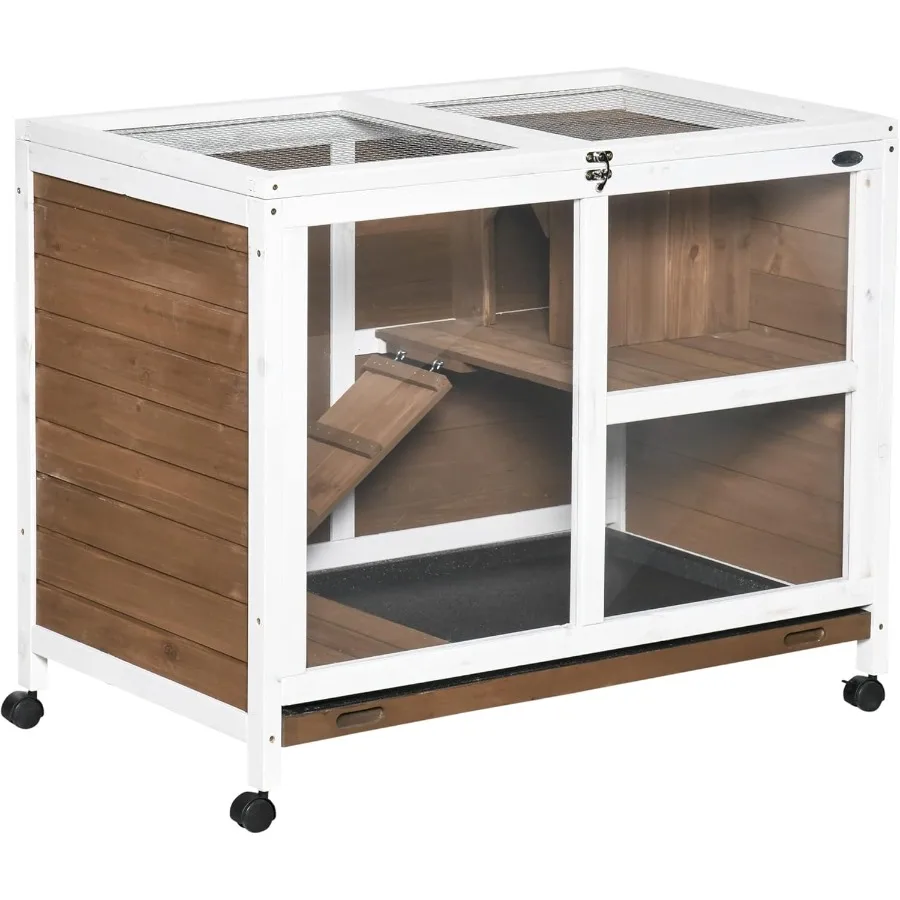 Jarcasa compacta para conejos con ruedas y diseño de escritorio Jaula de madera para mascotas para interiores y exteriores con bandeja impermeable extraíble y abierta