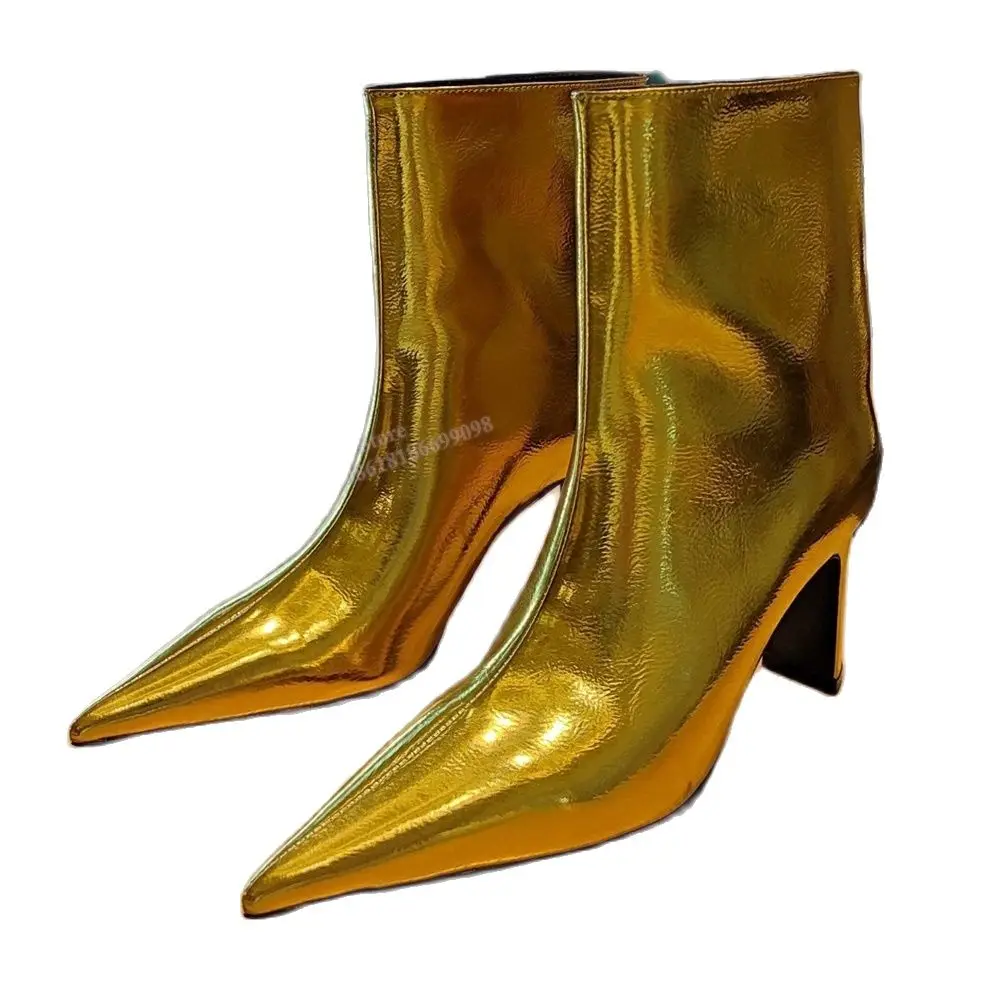 Enkellaarzen Echt Lederen Puntige Neus Vreemde Stijl Massief Gouden Slip-On Schoenen Mode Sexy Luxe Beknopt 2023 Nieuwste Maat 43