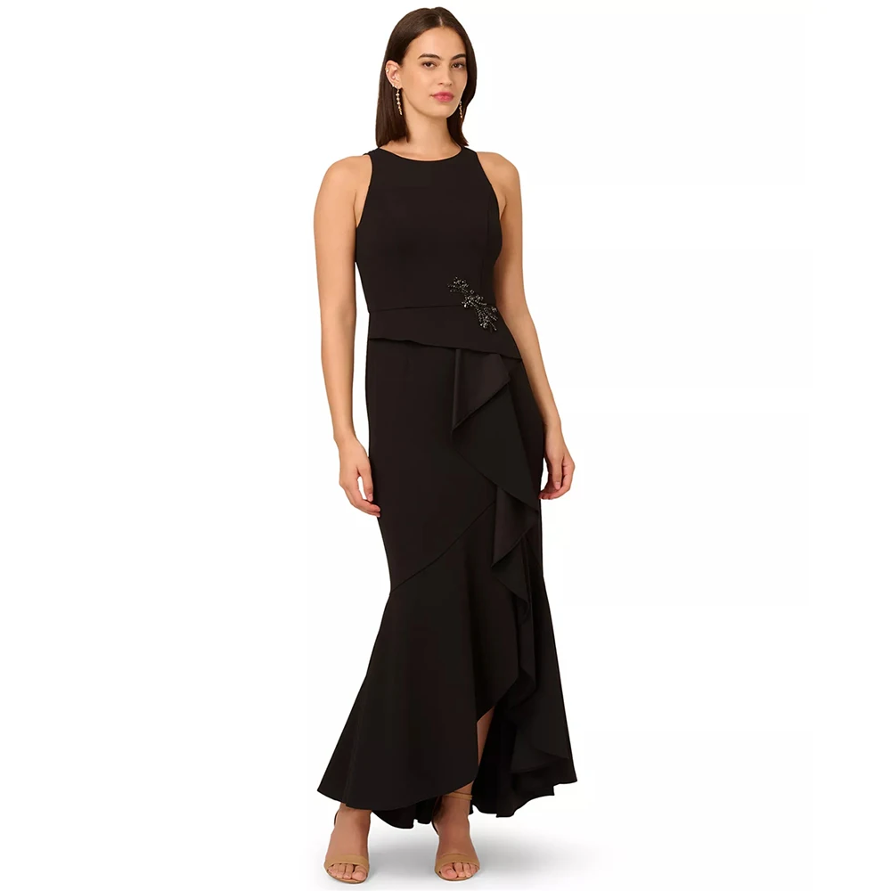 

2026 Women's Formal Evening Gowns Sleeveless Round Neck Appliques Ruffle High Split Evening Dresses Elegant Formal Party Dresses