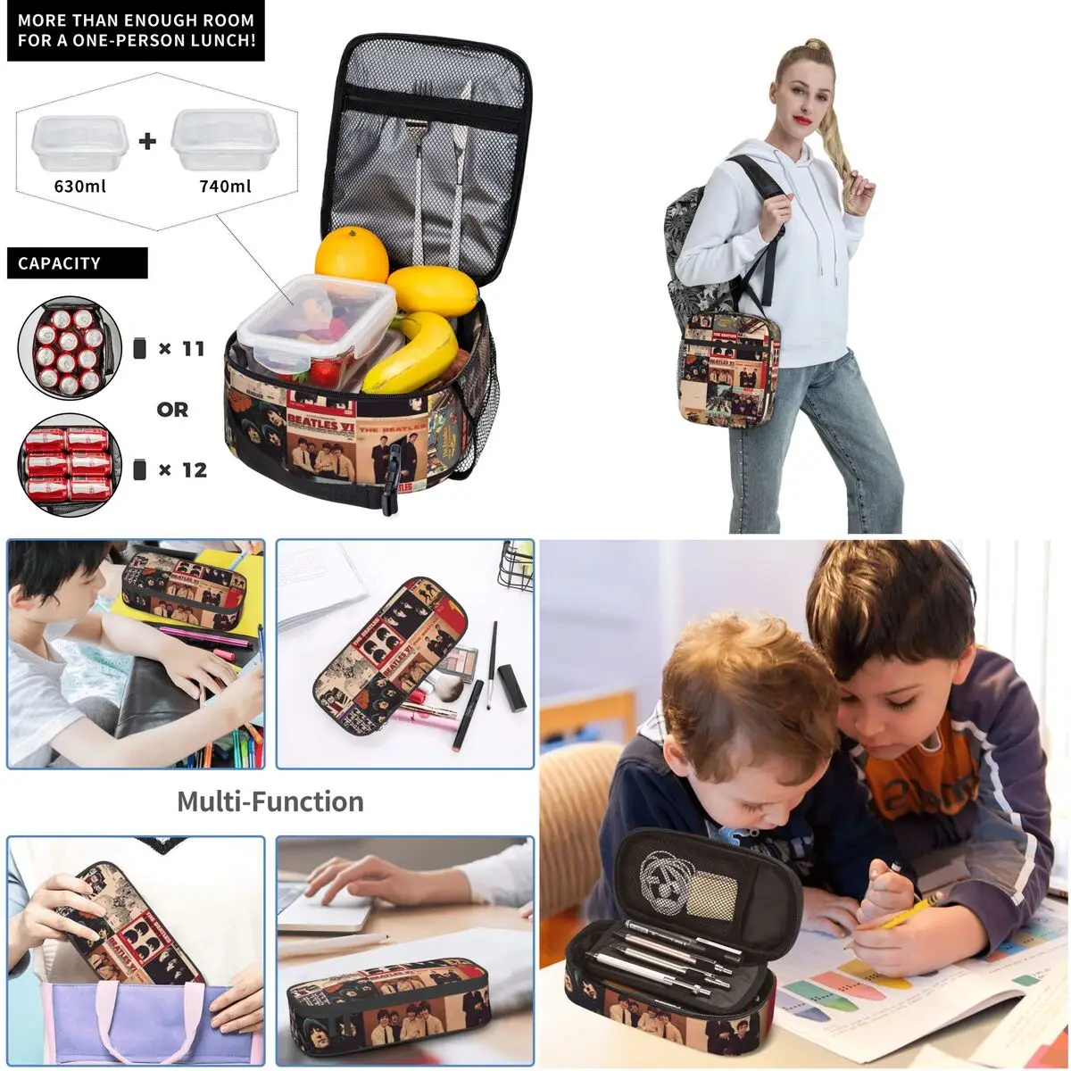 Harajuku The Beatle Memebers Art Backpacks Boys Girls Bookbag Students Bags Cartoon Rucksack Lunch Bag Pen Bag Three-Piece Set