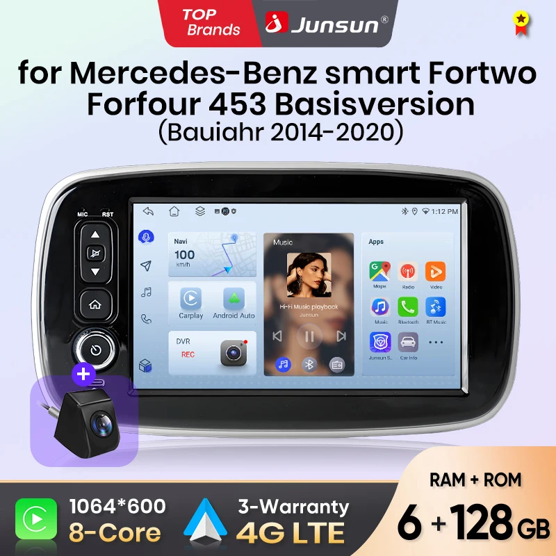 Junsun 8-Zoll Kabelloses CarPlay Android Auto Autoradio für Mercedes Benz Smart Fortwo 453 2014-2020 Multimedia Kabelloses Apple CarPlay Intelligente Systeme IPS Touchscreen Stereo-Videoplayer 2 Din