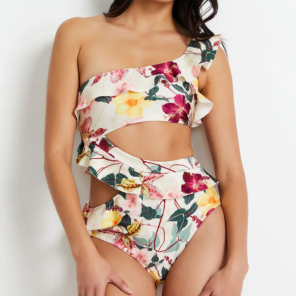 Sexy Floral Print Ruffle One-piece Swimsuit Fashion Colorblock Cutout Backless Bikini Set the Shoulder Swimwear Summer Beachwear