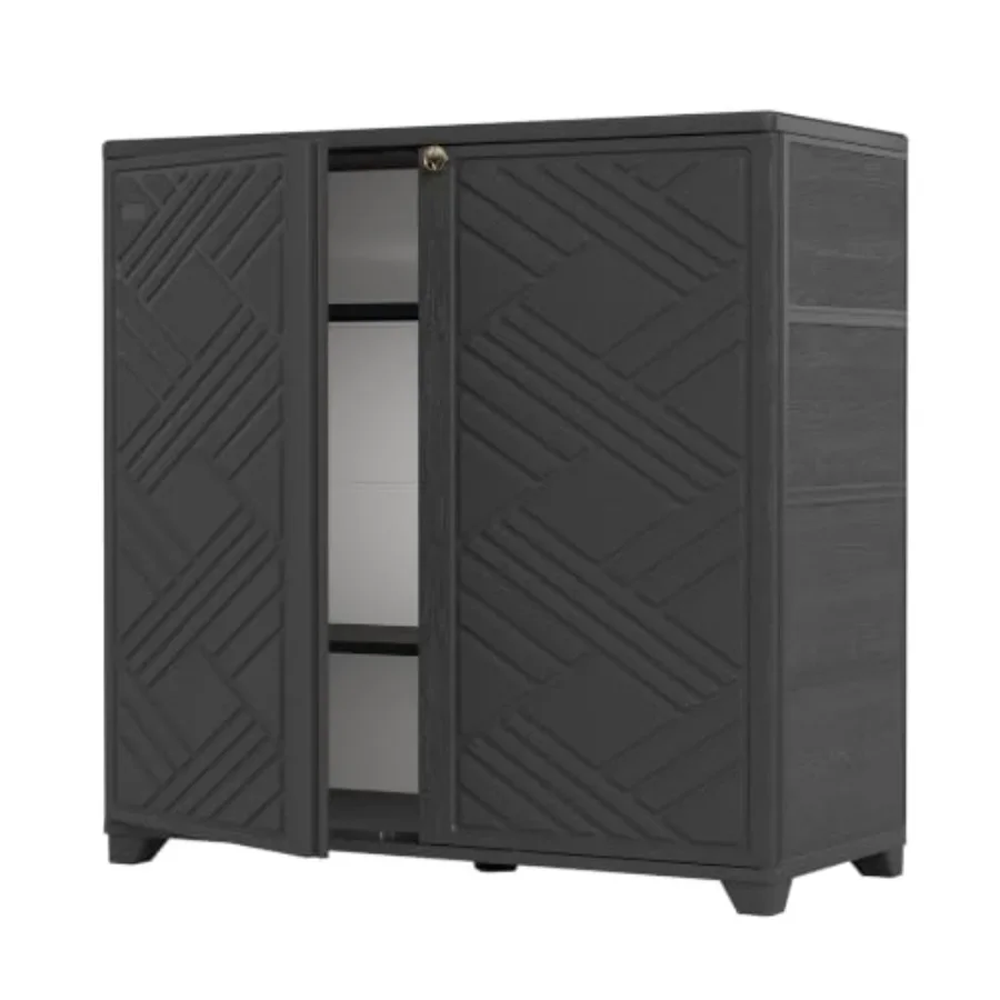 Indoor Outdoor Storage Cabinet with Doors and 2 Metal Shelves: weather-resistant steel, matte black, lockable doors, adjustable