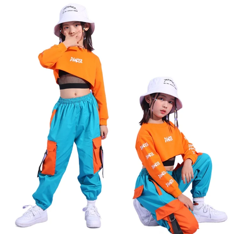 

School Girls New Jazz Dance Costume Kids Stage Perform Crop Top Overalls Hip Hop Clothes Street Dance Outfits