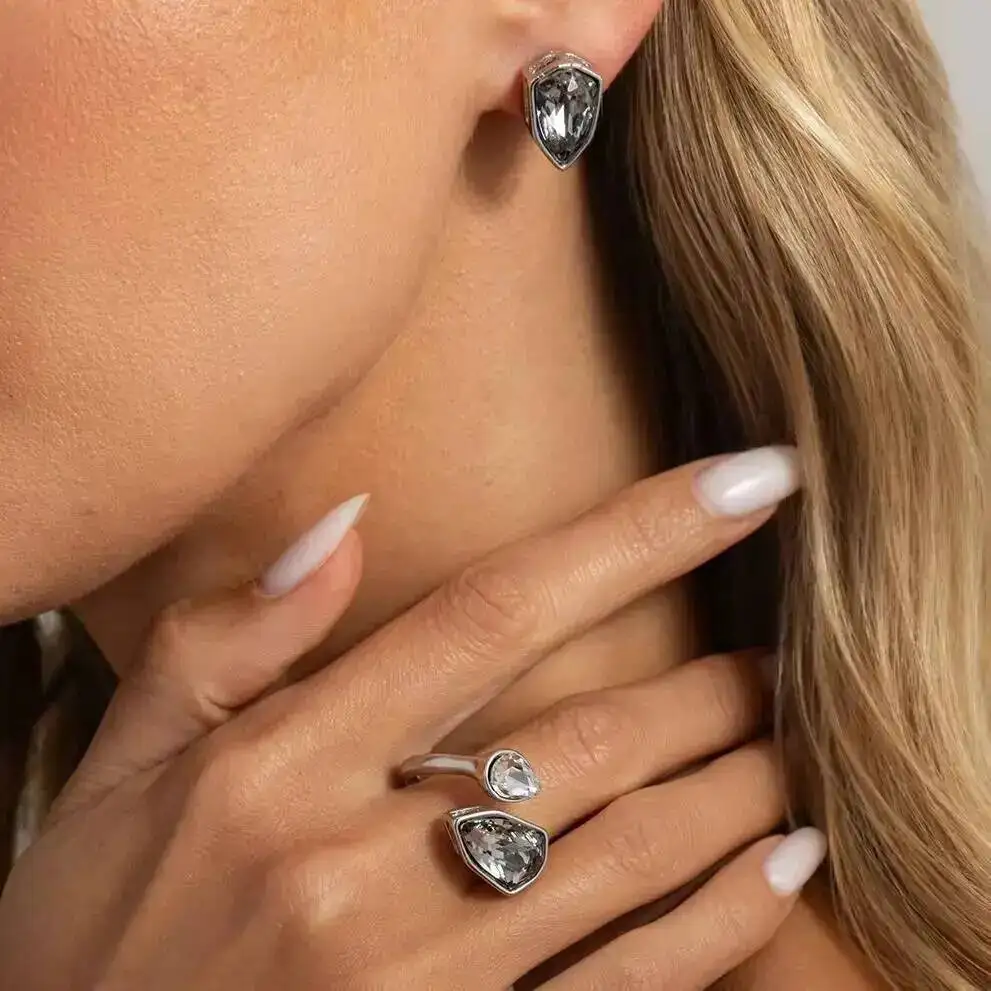 IngeSight.Z Exquisite Shiny Acrylic Rhinestone Stud Earrings Open Ring for Women 2026 New Elegant Jewelry Set Wedding Party Gift