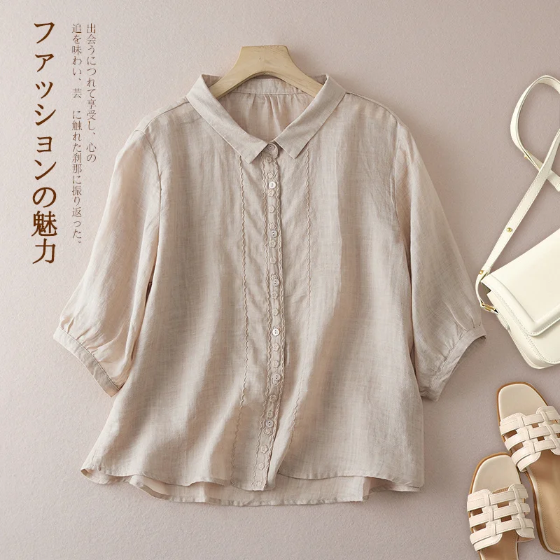 

Vintage Soft Cotton Linen Embroidery Blouse Women Polo Collar Half Sleeve Shirt Loose Summer Single Breast Top