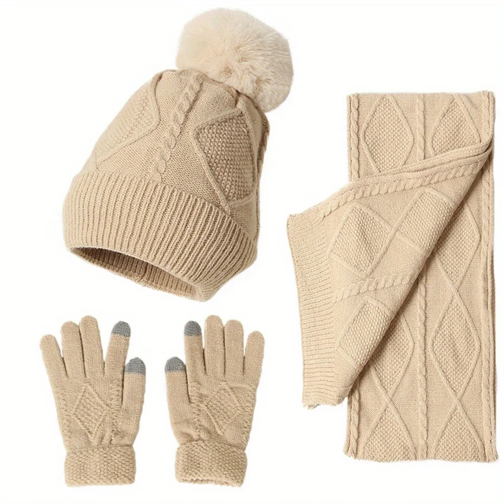 Ensemble de gants écharpe et chapeau d'hiver, 3 pièces, bonnet tricoté épais, Design chaud pour hommes et femmes, activités de plein air par temps froid