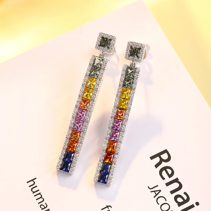 New Design Multi Color Princess Cut Synthetic Corundum Drop Silver Earring Vintage Rainbow Color Gemstones Women Earring Hoop