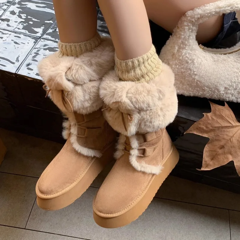 أحذية قطنية طويلة خالية من الركبة شتاء موضة جديدة جولة تو الدانتيل متابعة منصة دافئة المضادة للانزلاق أحذية الثلوج #1