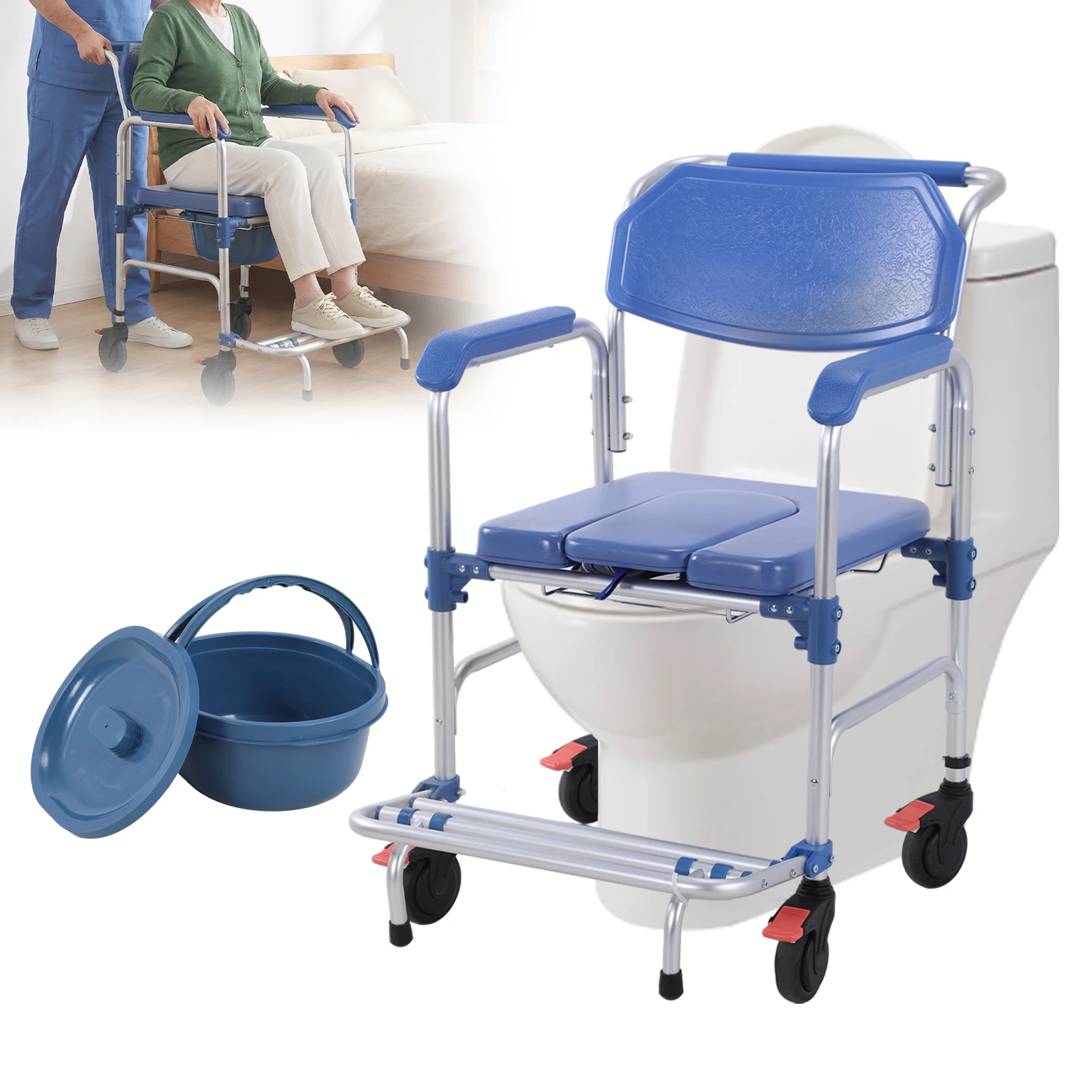 3-in-1 faltbarer Rollstuhl für die Dusche mit herunterklappbaren Armlehnen und feststellbaren Rollen, Aluminium-Toilettenstuhl, belastbar bis 150 kg