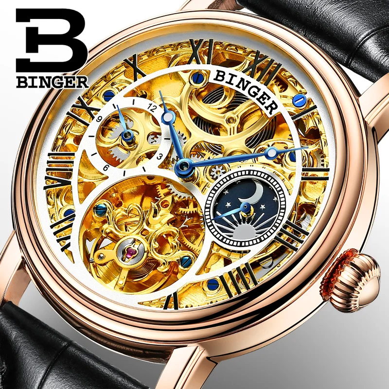 Switzerland BINGER For Mens Business Skeleton Automatic Wristwatch Sapphire Crystal Mechanical Hollow Out Dial Relogio Masculino