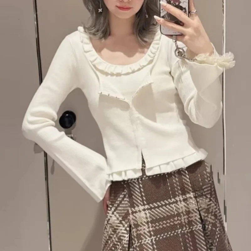 

Японский изысканный нежный джемпер со вставками, повседневный вязаный джемпер с U-образным вырезом и расклешенными рукавами, искусственный трикотаж из двух предметов с оборками, вязаный Pull Femme