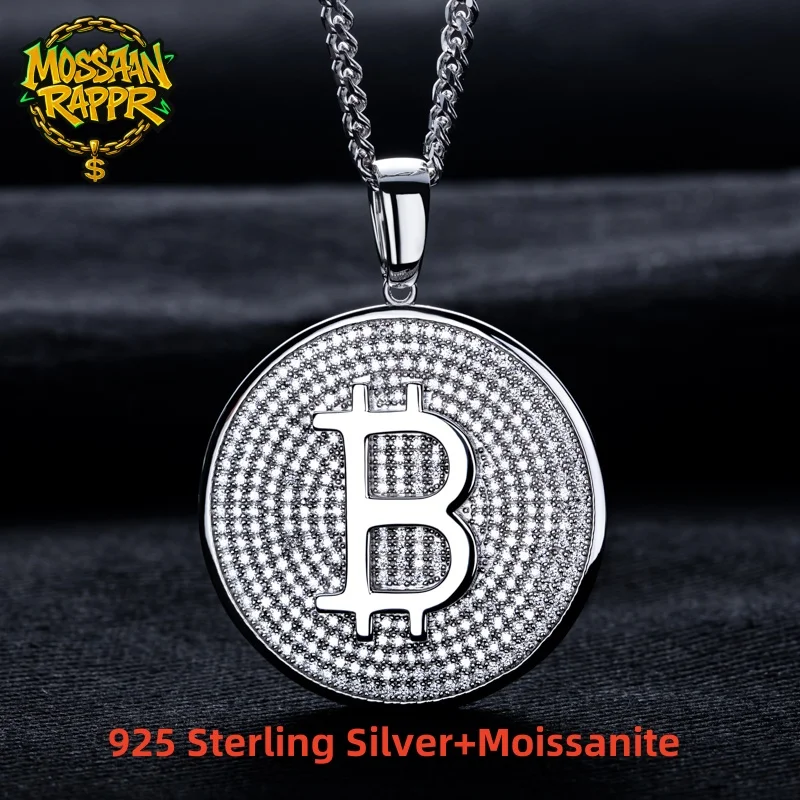 

MossanRappr 3.4cttw Moissanite Punk Rock Bitcoin Pendant Iced Out Hip Hop Necklace 925 Sterling Silver Men's Trend Cool Jewelry