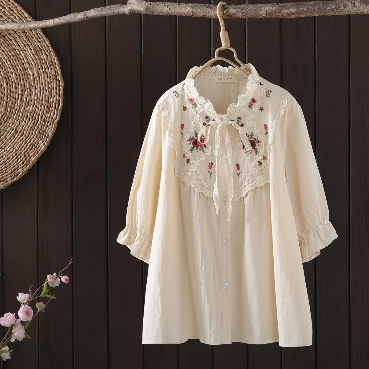 Boho Lace Floral Embroidery Blouse Shirt Women Autumn Mexican Style White Beige Ethnic Cotton Shirt WomenBohemian Tops