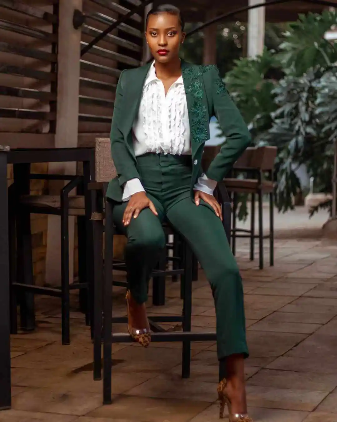 

Green Women Suit Set 2 Piece Blazer+Pants Trousers Appliqued Lace Cotton Formal Office Lady Jacket Customized Wedding Coat