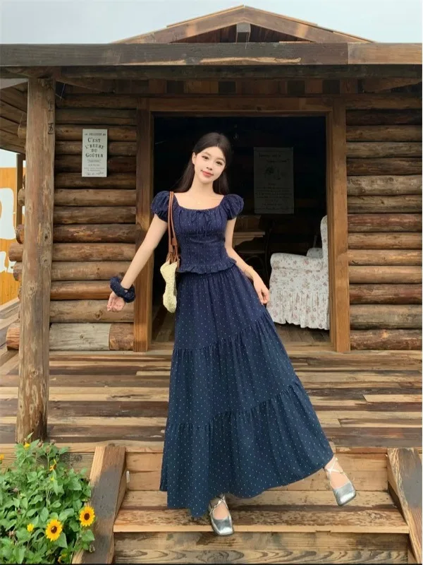 

Summer Women's Polka Dot Square Collar Bubble Sleeve High Waist Halter Top And Skirt Slimming Two-Piece Set Fashionable plus ...