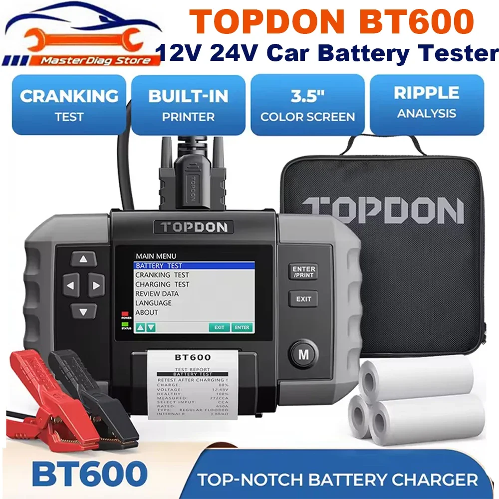 TOPDON BT600 12 В 24 В тестер автомобильного аккумулятора свинцово-кислотный автомобильный анализатор со встроенным термопринтером инструмент для автомобильного аккумулятора