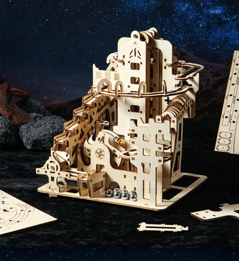 OUZEY 3D تشغيل الرخام الخشبي - نموذج ميكانيكي قاذفة كهربائية، مجموعة تجربة علمية STEM للبالغين والمراهقين من سن 14 عامًا