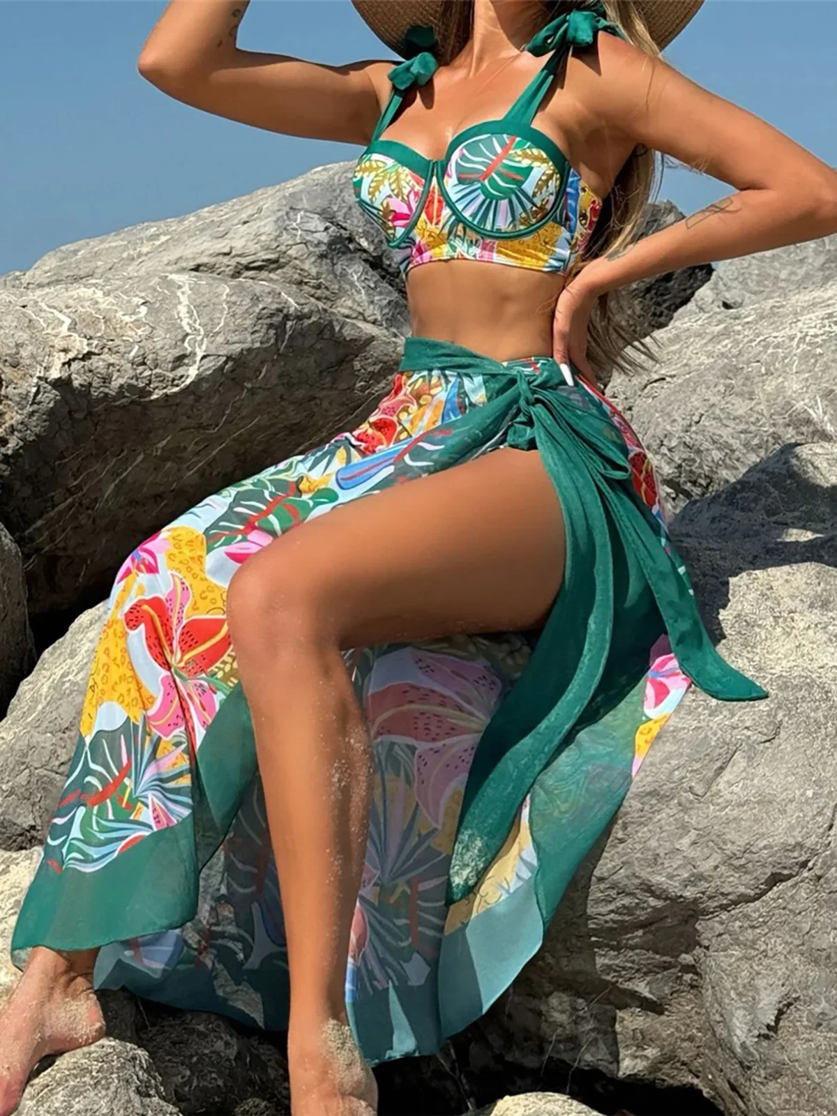 

New Printed With Sarong Female Swimsuit High Waist Bikini Women Swimwear Three-pieces Bikini set Bather Bathing Suit Swim K6349