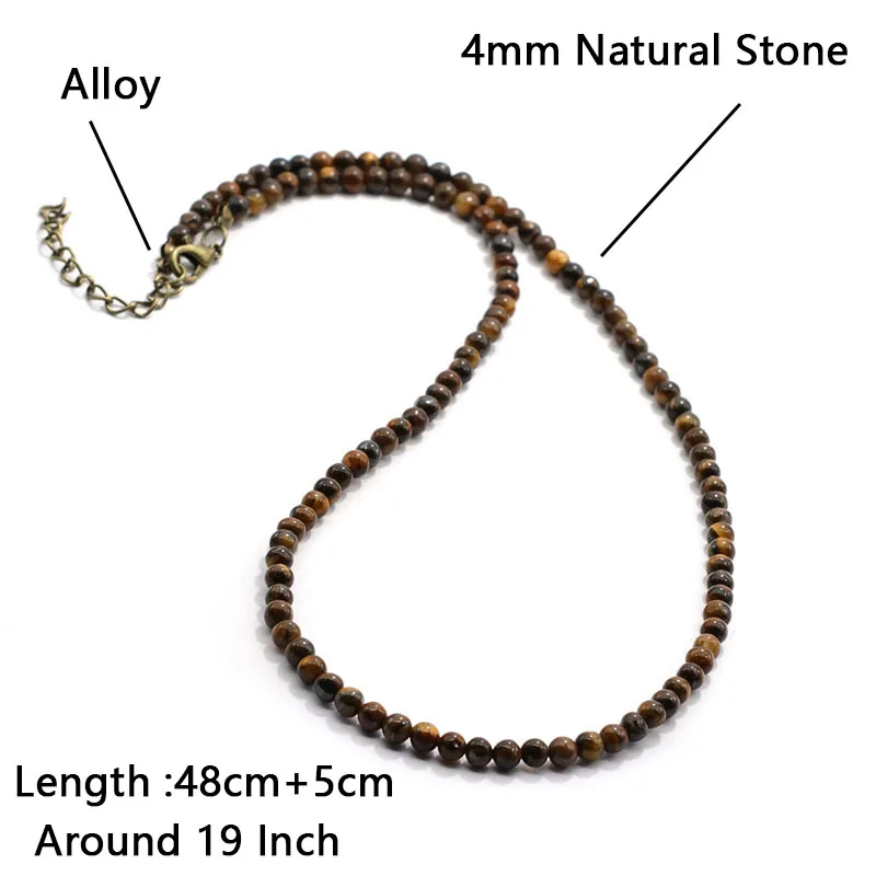 Simple 4mm Small Stone Necklace Men Handmade Natural Howlite Tiger Eyes Beaded 48cm Short Collar Joias Boyfriend Leisure Jewelry