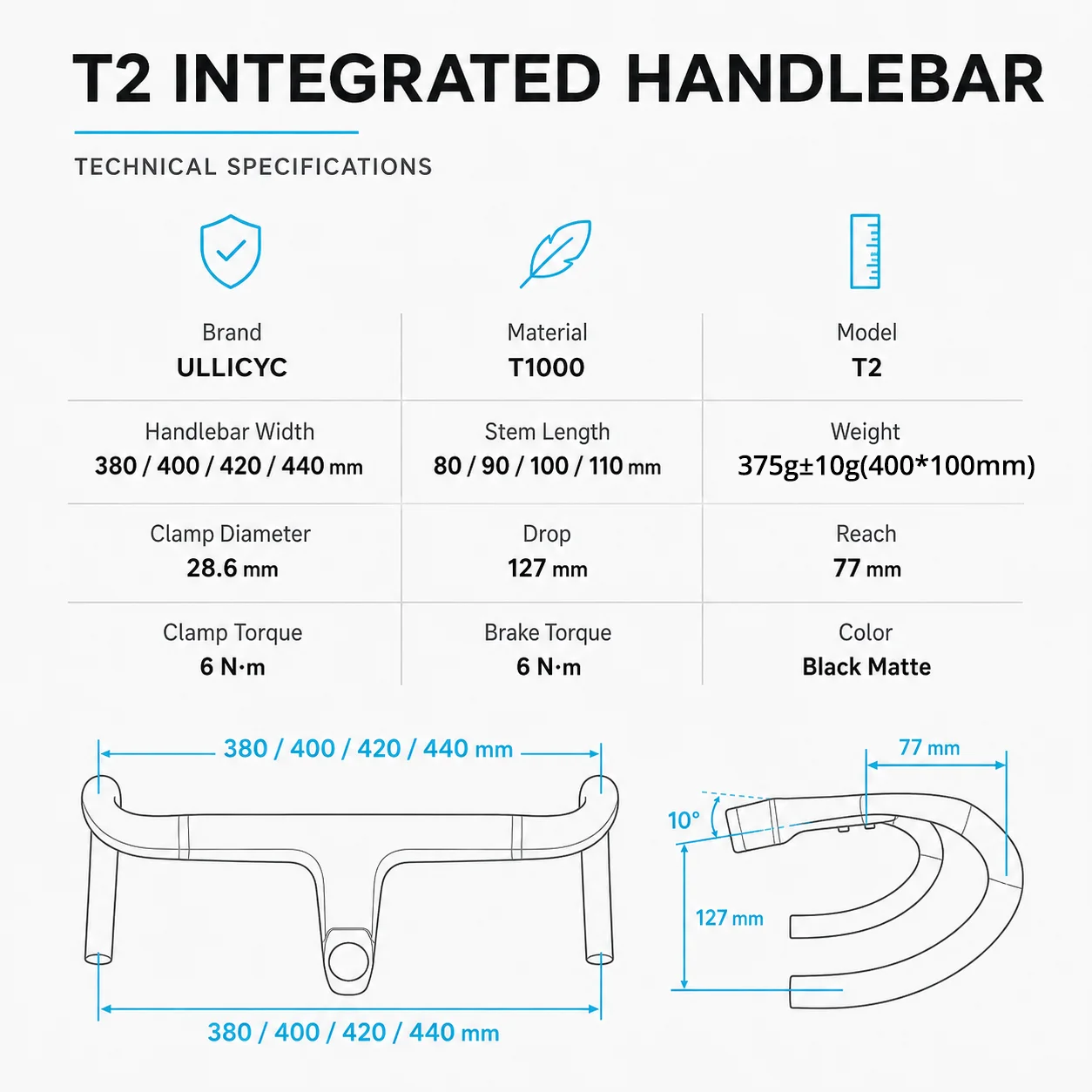 ULLICYC T2 Carbon Integrated Cockpit Full Internal Routing Road Bike Handlebar Compatible Di2 Matte Black Road Bicycle Drop Bar