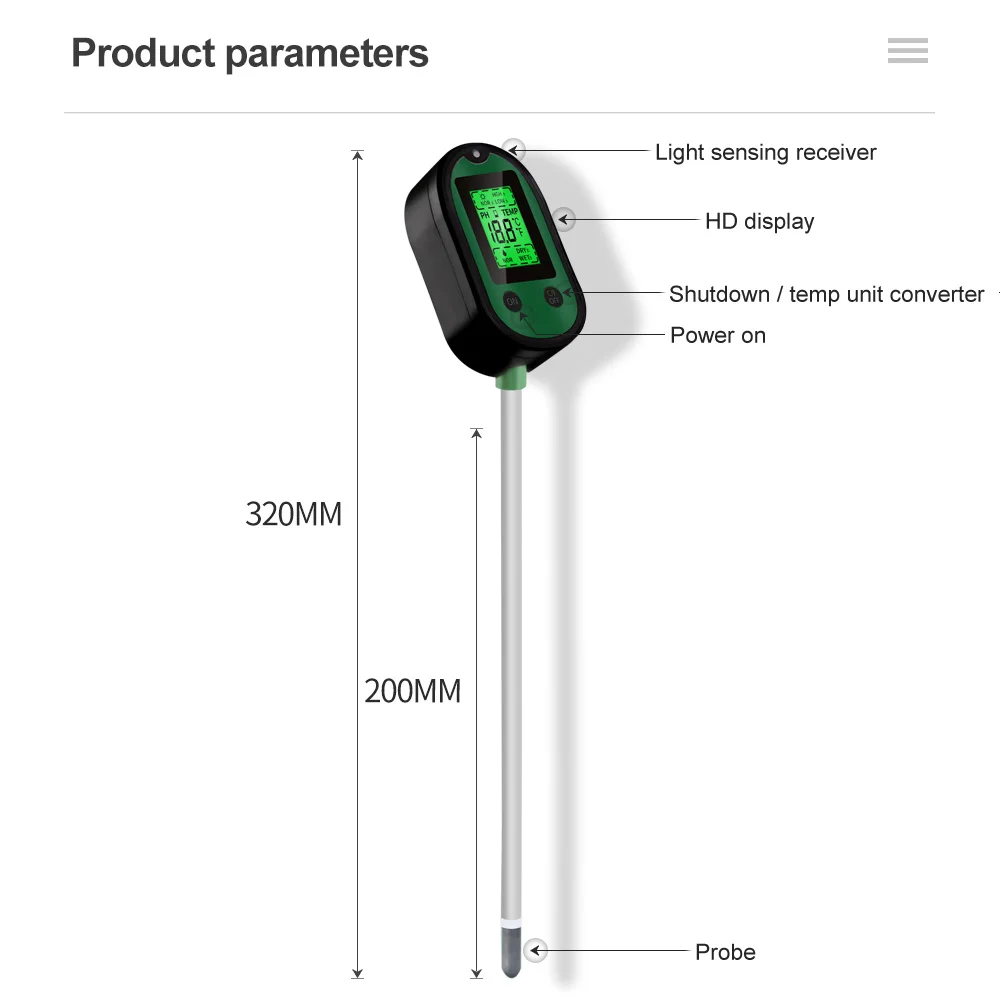 Medidor de suelo 5 en 1 para el hogar, higrómetro, termómetro, humedad, acidez, PH, Analizador de iluminancia, Sensor de prueba de suelo