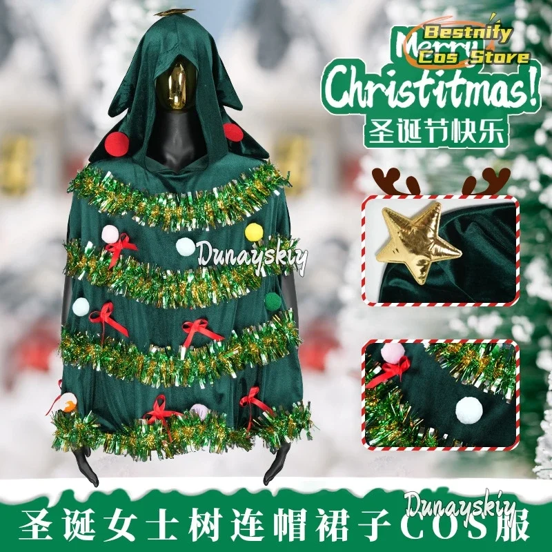 

CosplayChristmas Tree Poncho Costume Adults Women Men Bow Ball Decor Hooded Cloak Cape Party Prop for Cosplay Party Role-Playing