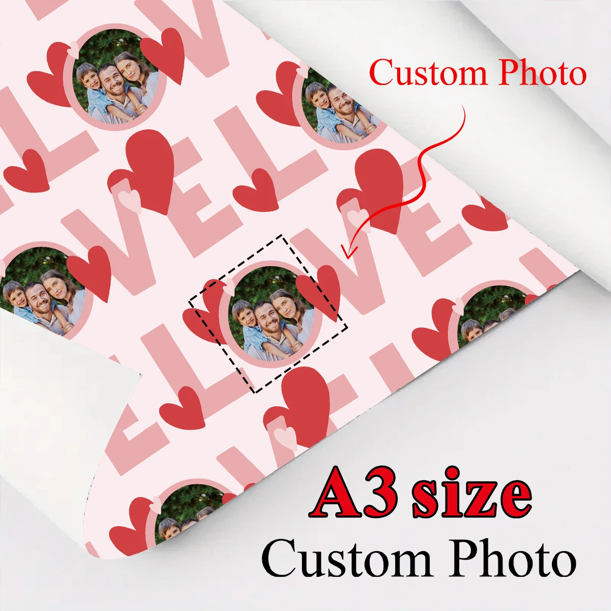 3 Stück individuelles Foto-Liebes-Themen-Geschenkpapier – personalisierbares Bild-Logo, DIY-Geschenkdekoration für Geburtstag, Hochzeit, Paar-Valentinstag-Party