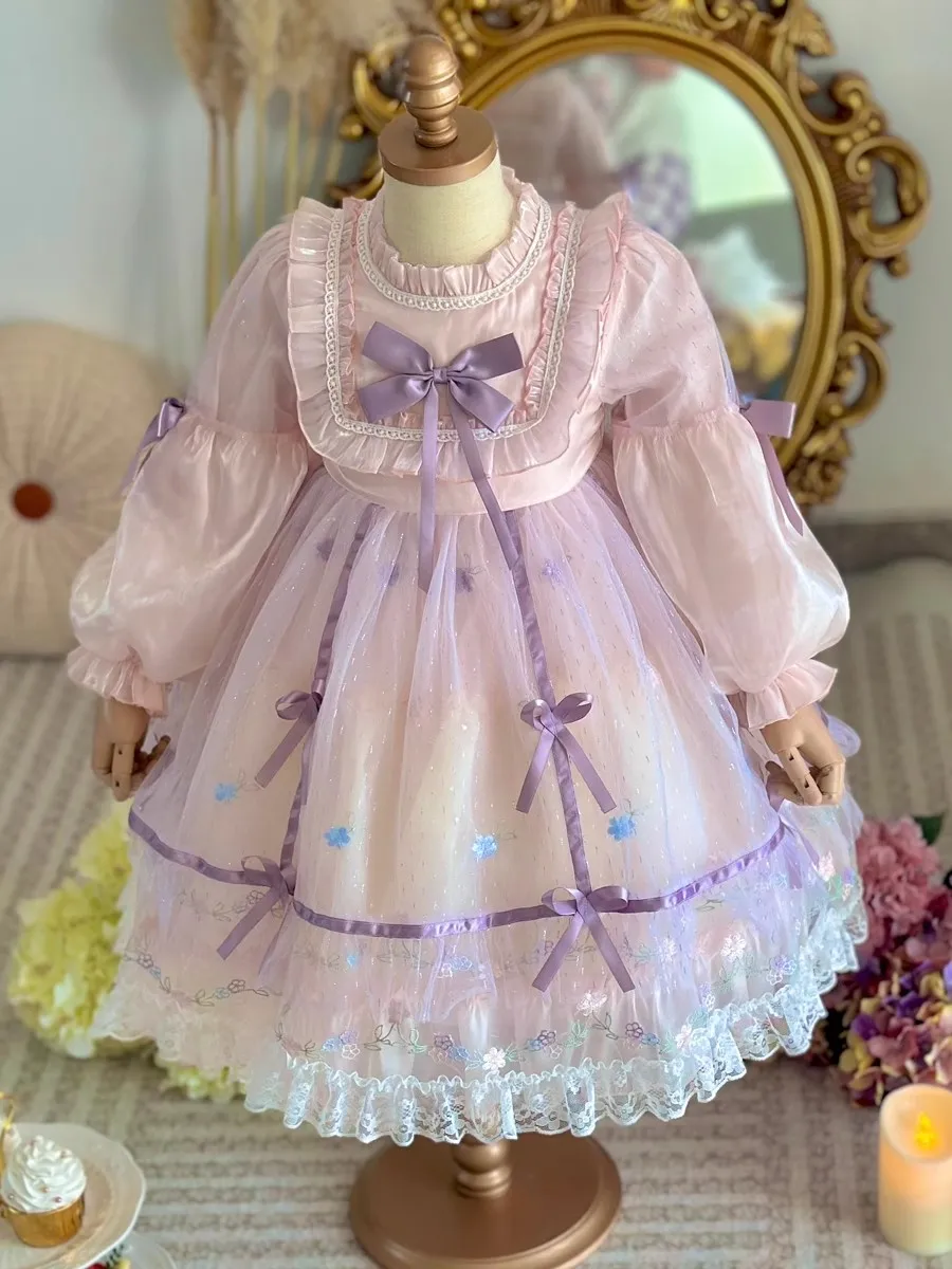 2024 New Lolita Girls Party Dress Summer Pink Elegant Princess Dress Kids Bow Lace Birthday Party Tulle Ball Gown Clothes 3-10Y