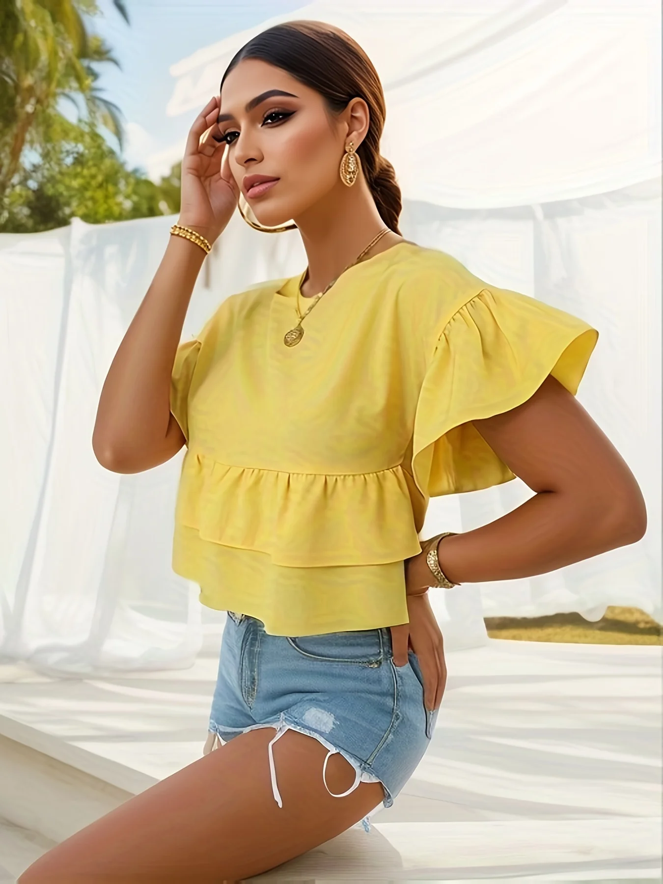 Solid Color  Solid Layered Ruffle Hem Crew Neck Blouse, Casual Short Sleeve Blouse For Spring & Summer, Women\'s Clothing