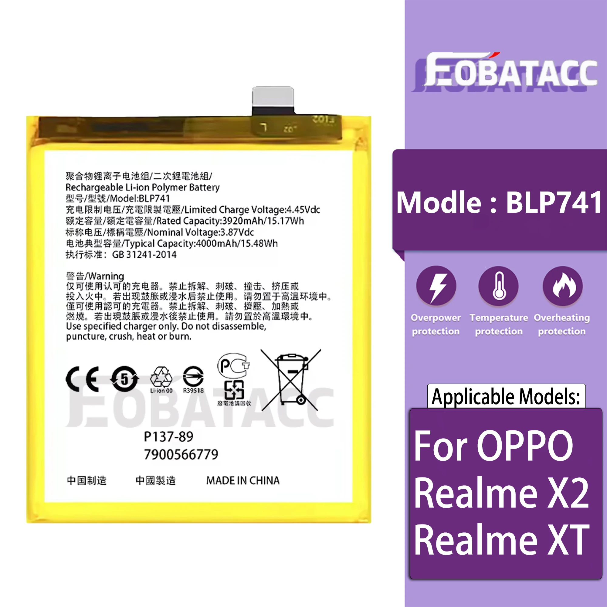 

100% New Original Battery BLP741 For OPPO Realme X2 Realme XT Battery + Free Tools