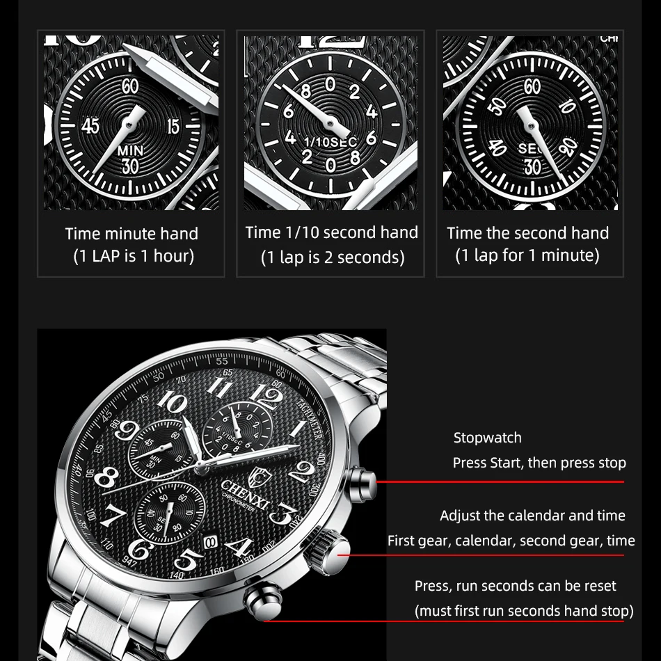 2024 Fashion Chenxi Top Brand Men Chronograph Leather & Stainless Steel Casual High Quality Quartz Waterproof Sports Wrist Watch